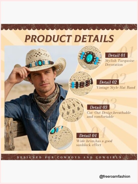 Woven Straw Cowboy Hat Western Sun Hat Shapeable Wide Brim